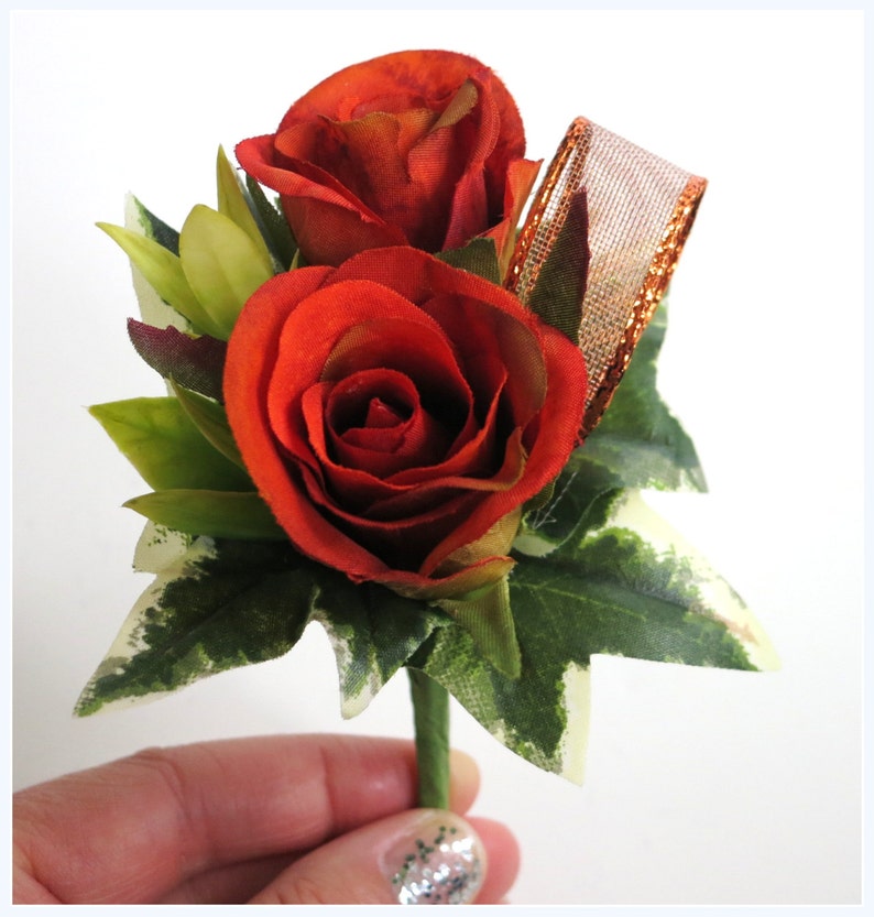 Faux Wedding Boutonniere Anniversary Boutonniere Prom Boutonniere Father's Day Boutonniere Variegated Burnt Orange Roses Boutonniere image 5