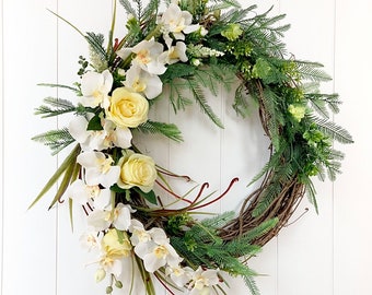 Everyday Grapevine Wreath - White Orchids and Yellow Roses