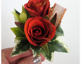 Faux Wedding Boutonniere - Anniversary Boutonniere - Prom Boutonniere - Father's Day Boutonniere - Variegated Burnt Orange Roses Boutonniere