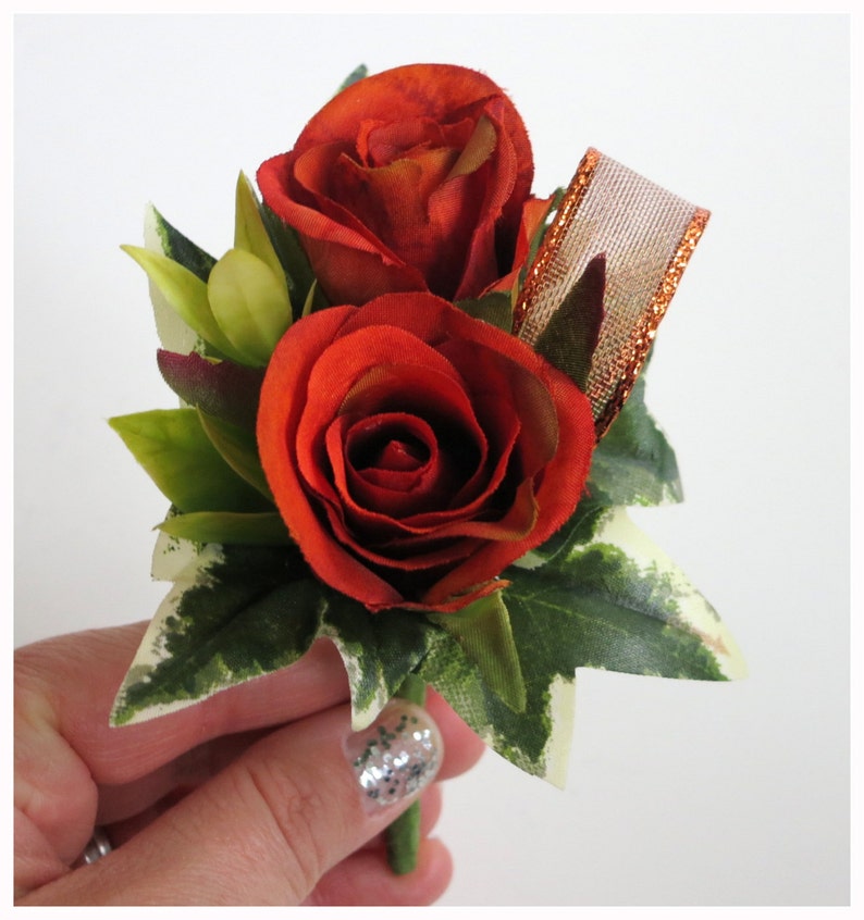 Faux Wedding Boutonniere Anniversary Boutonniere Prom Boutonniere Father's Day Boutonniere Variegated Burnt Orange Roses Boutonniere image 1