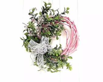 12 Inch Pale Pink Grapevine with Greenery and White Bow