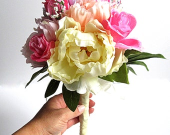 Bridal Bouquet - Faux Bouquet - Peonies and Roses - Peach, Pink, Lavender and Pale Yellow -  Matching Boutonniere Included