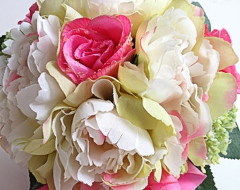 Silk Bridal Bouquet - Faux Bouquet - Artificial Bouquet - Pink, Ivory and Yellow Bouquet - Matching Boutonniere Included