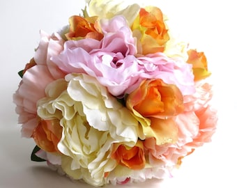 Silk Bridal Bouquet - Faux Bouquet - Artificial Bouquet - Orange, Pink and Peach Bouquet - Matching Boutonniere Included