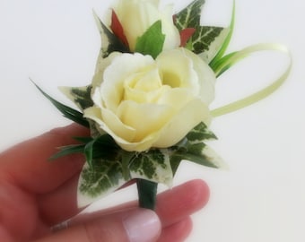 Faux Wedding Boutonniere - Anniversary Boutonniere - Prom Boutonniere - Pale Yellow Spray Roses Boutonniere