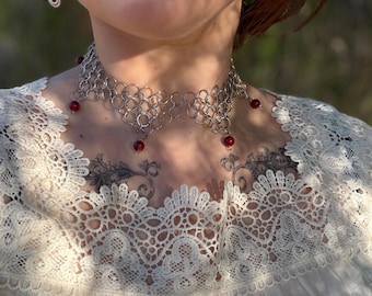 Renaissance Inspired Jester Choker Necklace with Lobster Claw Clasp | Dark Red Beads
