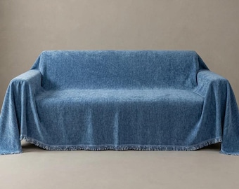 Blue Sofa Cover with Tassels | Pet and Child Furniture Protector (71x118)