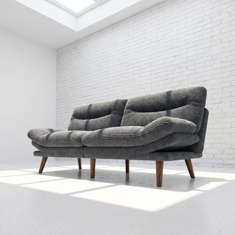 May include: A grey corduroy sofa with a two-cushion design. The sofa has a rounded shape and sits on four wooden legs. The background features a white brick wall and a white floor, with natural light coming from a skylight.