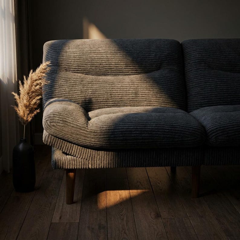 May include: A grey corduroy sofa with wooden legs. A black vase holds dried ornamental grass. The sofa is positioned on a wooden floor, with sunlight streaming in from a window, creating shadows across the scene.