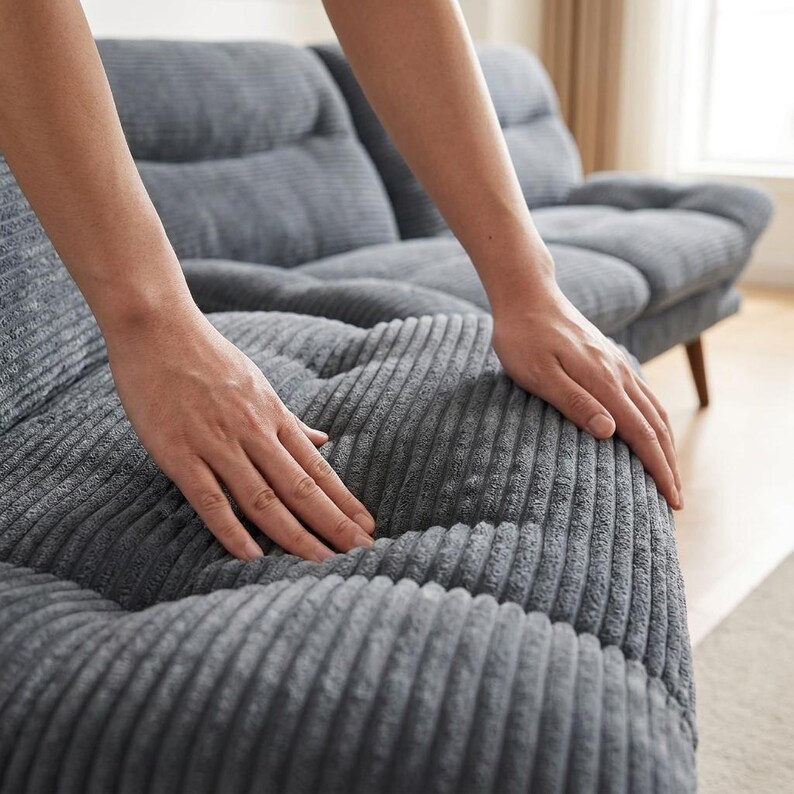 May include: A grey corduroy sofa with buttoned cushions and wooden legs. The sofa has a ribbed texture, with a person's hands resting on the cushions. The sofa is a modern design, suitable for a living room.