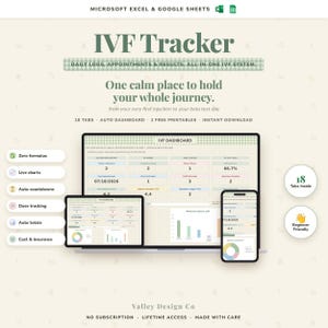 May include: A digital IVF tracker for Microsoft Excel and Google Sheets featuring an IVF dashboard, 18 tabs, auto dashboard, and dose tracking. The interface displays charts, medicine logs, and appointment data on a laptop, tablet, and smartphone screen.