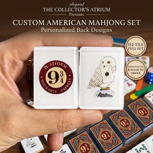 May include: Two white rectangular Mahjong tiles featuring Harry Potter themed graphics. One tile displays a circular maroon logo with the text Platform 9 3/4 Hogwarts Express, while the other shows a white owl holding a letter. Additional tiles with ornate red and blue back designs are visible.