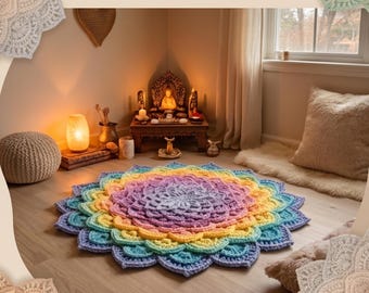 Handmade Crochet Lotus Mandala Floor Mat | Meditation Cushion | Prayer Kneeling Pad | Outdoor Seating Rug