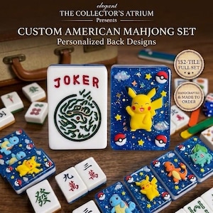 May include: A custom American Mahjong set featuring white tiles with red and green characters, and blue resin tiles with embedded 3D figures of Pikachu, Charmander, Squirtle, and Bulbasaur, plus Poké Ball accents and glitter stars.