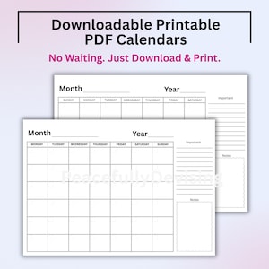 Downloadable PDF Printable Calendar, Landscape Calendars A4 Sized Sunday Monday Start Blank Calendar Side Notes, Instant Digital Downloading