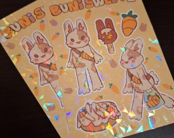 Hoja de pegatinas holográficas de conejitos: zanahoria, helado, donut