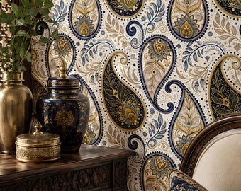 Indiaas paisleybehang – marinegouden boho-muurdecoratie