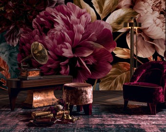 Moody Peony Mural Wallpaper – Dark Floral Wall Decor