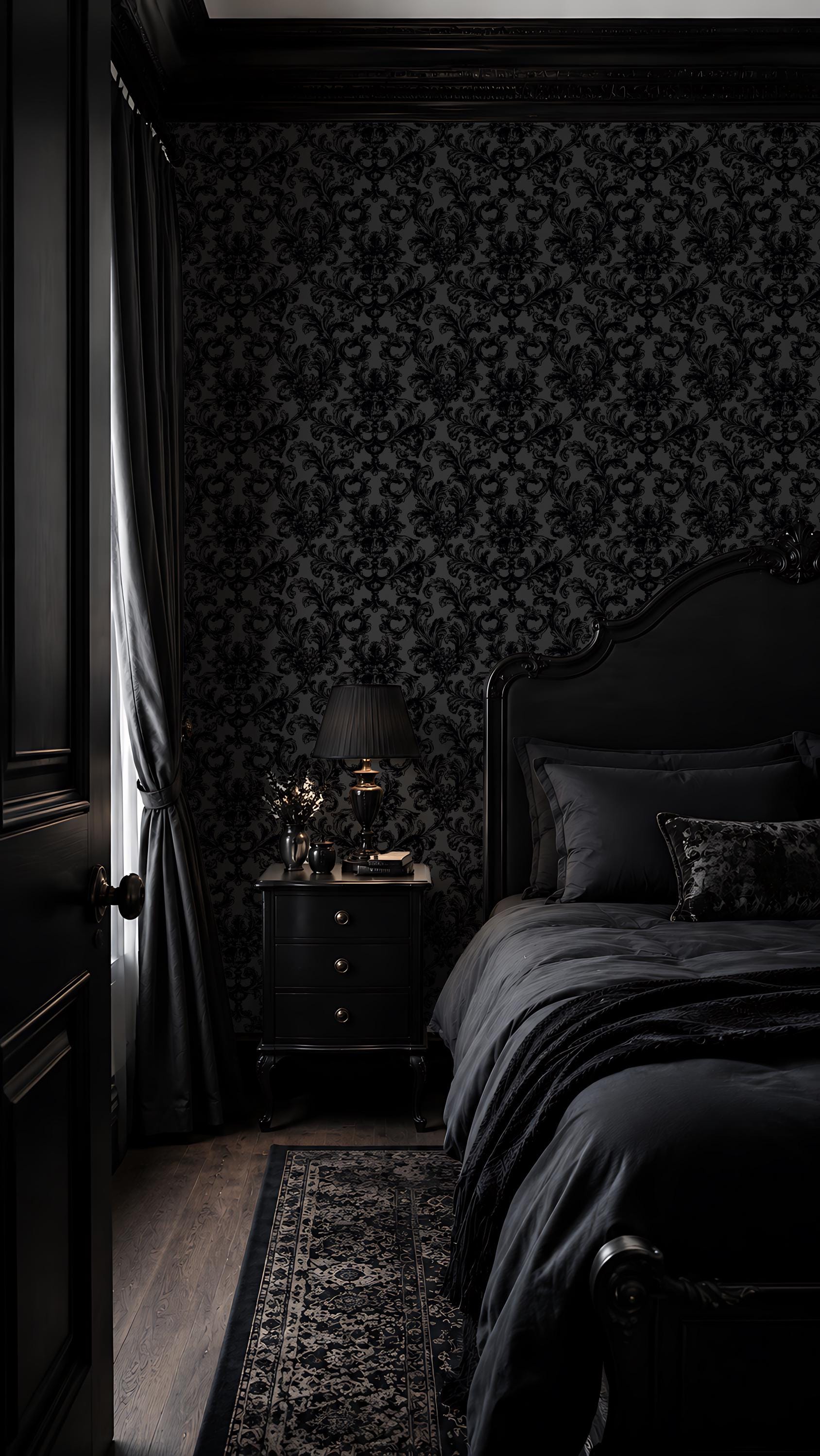 Dark Gothic Damask Wallpaper – Black Victorian Wall Decor - Etsy