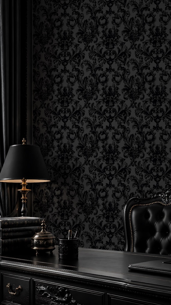 Dark Gothic Damask Wallpaper – Black Victorian Wall Decor