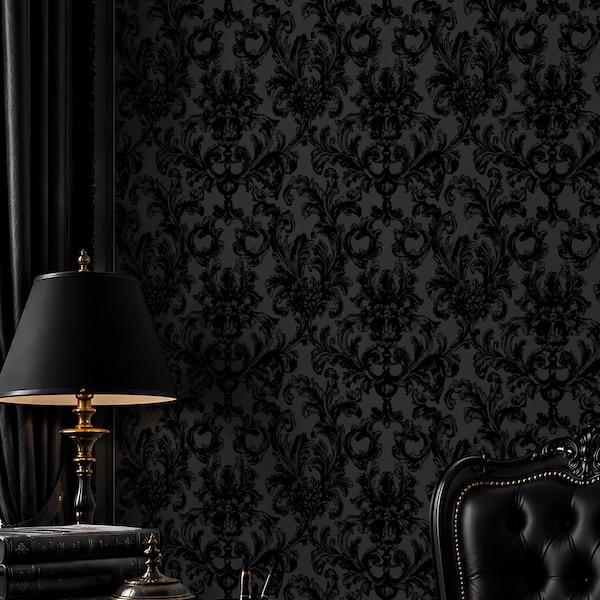 Dark Gothic Damask Wallpaper – Black Victorian Wall Decor