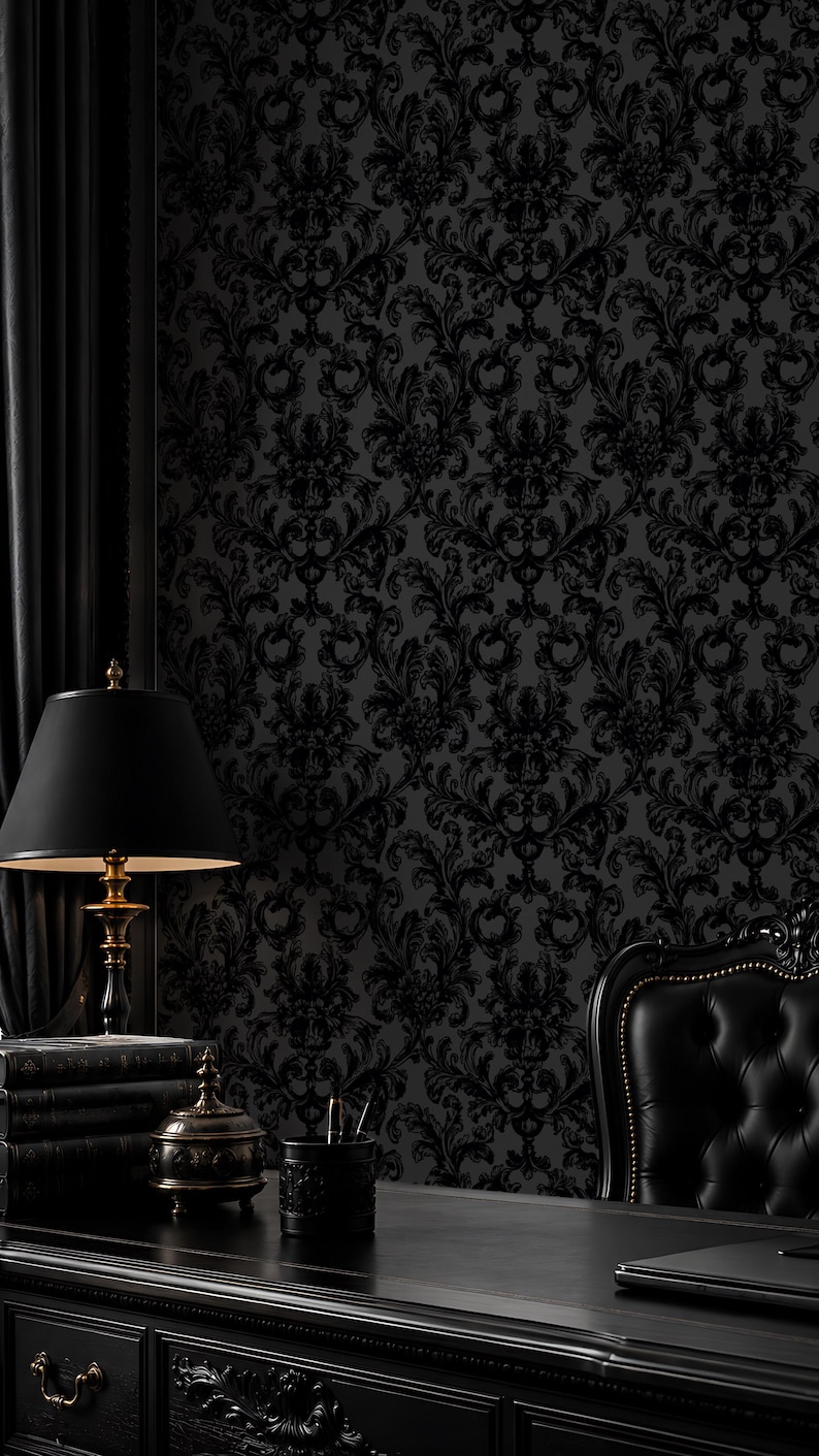 Dark Gothic Damask Wallpaper – Black Victorian Wall Decor - Etsy