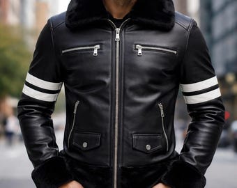 Chaqueta de aviador de piel negra con forro de borrego para hombre – Abrigo bomber de invierno hecho a mano y personalizado.