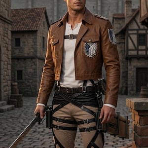 May include: A brown leather cropped jacket with a white shirt, beige trousers, and black boots. The jacket features a blue and white wing emblem on the chest and shoulder. A black harness is worn over the trousers, and a silver sword is held in hand.