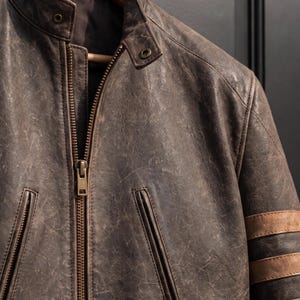 May include: A distressed brown leather jacket featuring a stand-up collar with a snap button closure, a central metal zip, and two vertical zipped pockets. The sleeve displays three horizontal tan leather stripes across the upper arm area.