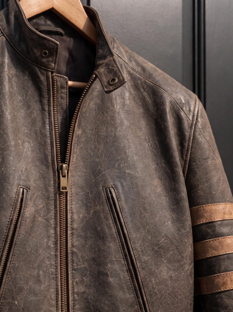 May include: A distressed brown leather jacket featuring a stand-up collar with a snap button closure, a central metal zip, and two vertical zipped pockets. The sleeve displays three horizontal tan leather stripes across the upper arm area.