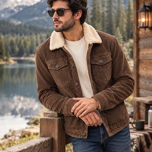 May include: A brown corduroy jacket featuring a cream-colored sherpa collar, long sleeves with buttoned cuffs, two chest pockets with buttoned flaps, and a front button closure, worn over a white ribbed sweater and blue denim jeans.