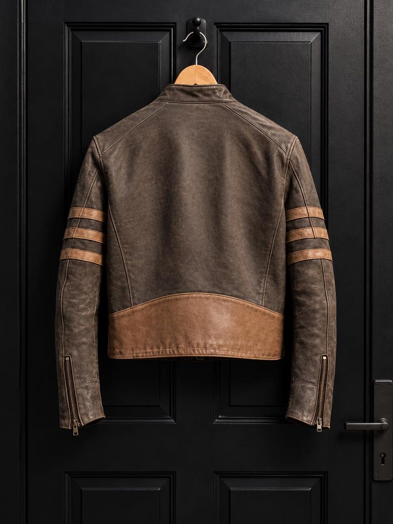 May include: A dark brown leather jacket featuring a stand-up collar, three horizontal tan stripes on each sleeve, and a tan leather panel across the lower back. The sleeves have metal zips at the cuffs, and the jacket is hung on a wooden hanger.