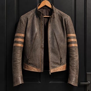 May include: A distressed dark brown leather jacket featuring a stand-up collar, a central zip closure, and two vertical zipped pockets. The sleeves are accented with three horizontal tan leather stripes, and the hem features a tan leather band.