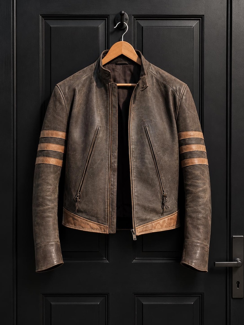 May include: A distressed dark brown leather jacket featuring a stand-up collar, a central zip closure, and two vertical zipped pockets. The sleeves are accented with three horizontal tan leather stripes, and the hem features a tan leather band.