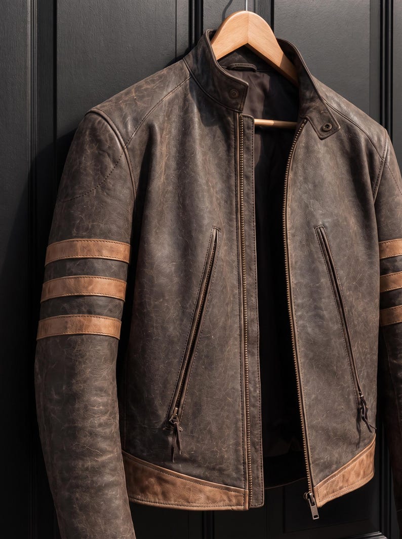 May include: A distressed brown leather jacket featuring a stand-up collar with a snap button closure, a full-length front zip, and two vertical zipped pockets. The sleeves are accented with three horizontal tan leather stripes.