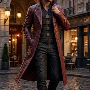 May include: A person wearing a long, burgundy leather coat, black vest, and black trousers, walking on a cobbled street. The coat has a wide collar and the vest has multiple buckles. The background features a European-style street with cafes and streetlights.