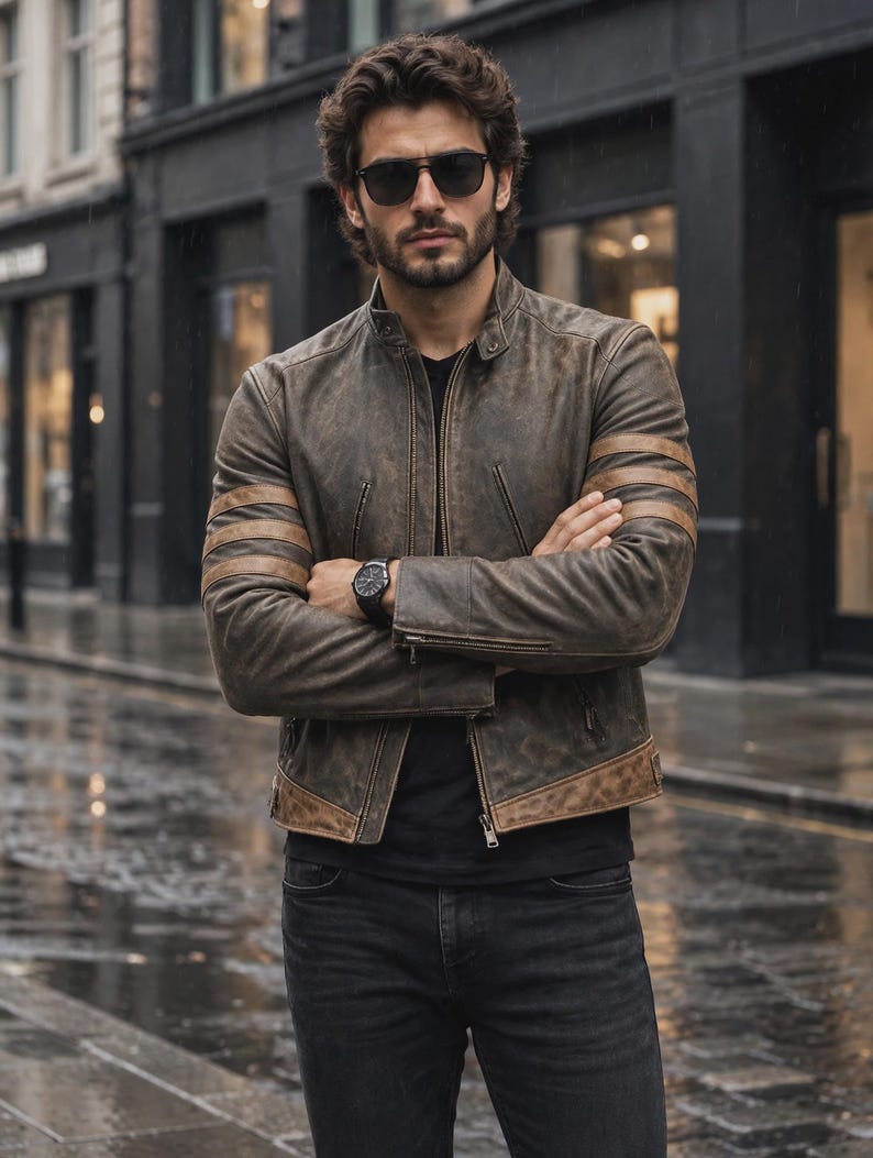 May include: A distressed brown leather jacket featuring a stand-up collar, a front zip fastening, and three horizontal stripes on each sleeve. The jacket is worn over a black t-shirt with black jeans, paired with dark sunglasses and a black wristwatch.