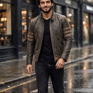 May include: A distressed brown leather jacket with a stand-up collar and three horizontal stripes on each sleeve, worn over a plain black t-shirt and dark denim jeans. The jacket features a front zip fastening and a weathered, textured finish.