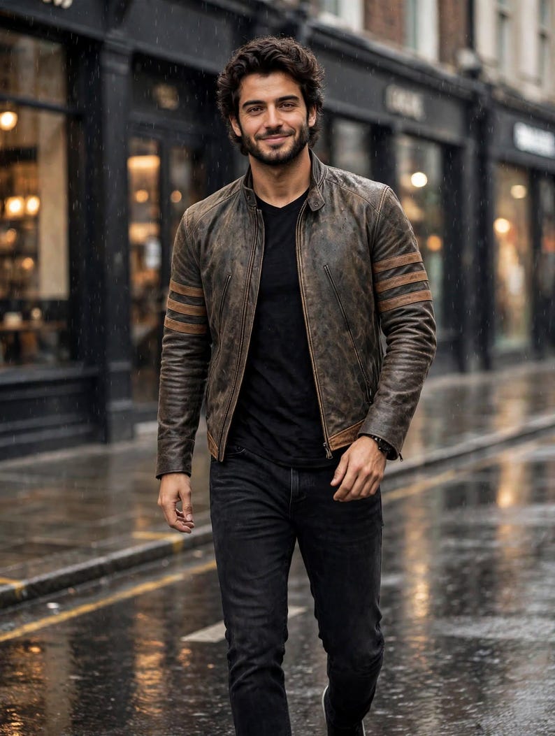 May include: A distressed brown leather jacket with a stand-up collar and three horizontal stripes on each sleeve, worn over a plain black t-shirt and dark denim jeans. The jacket features a front zip fastening and a weathered, textured finish.