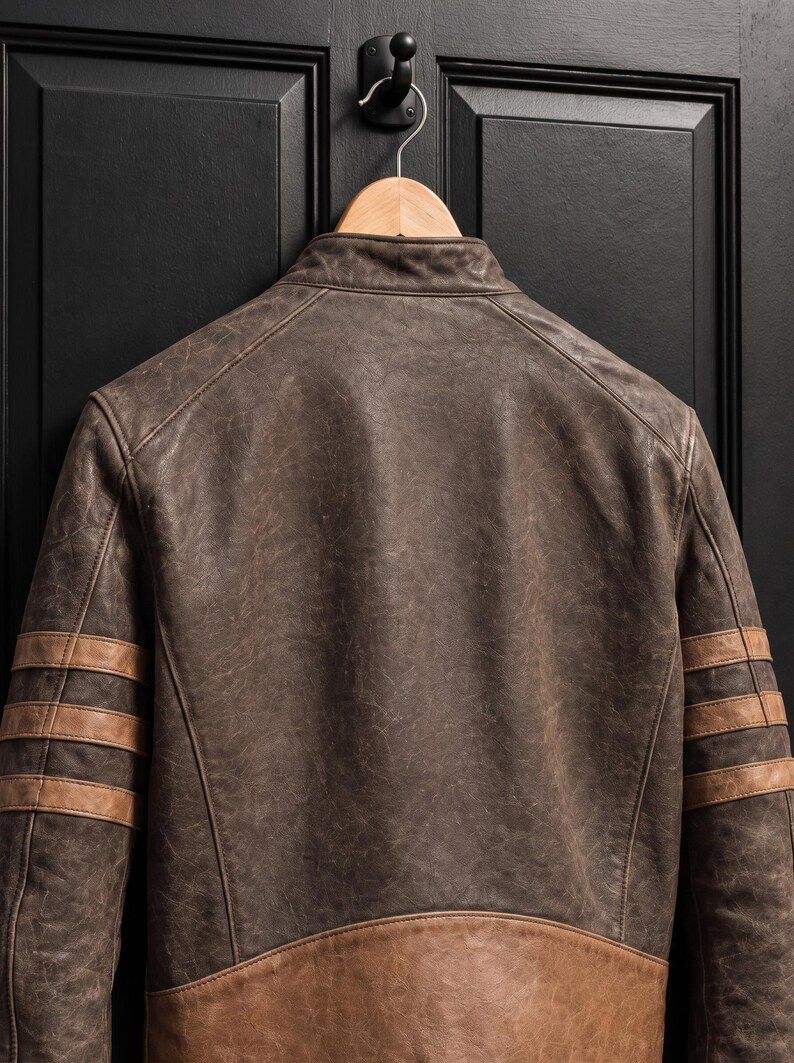 May include: A dark brown leather jacket featuring a distressed finish, a stand-up collar, and three horizontal tan stripes on each sleeve. The back of the jacket includes a solid tan leather panel along the bottom hem and visible stitching.