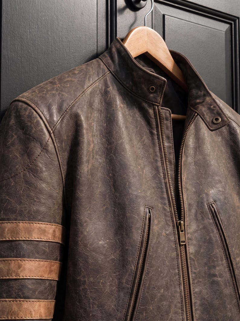 May include: A distressed dark brown leather jacket featuring a stand-up collar with a snap button closure, a central metal zip, and two vertical zipped pockets. The sleeve displays three horizontal light brown leather stripes.