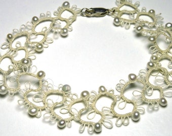 Tatted Freshwater Pearl Scalloped Bracelet with a Sterling Silver clasp.