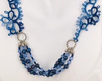 Tatted Clover Necklace and Blue Pearls and Toggle