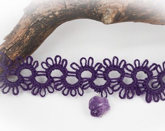 Bracelet en chanvre tatoué avec améthyste brute