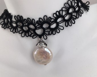 Tatted Coin Pearl Choker
