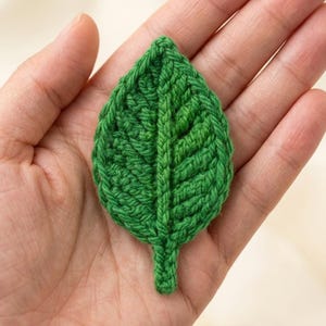 May include: A small, vibrant green leaf applique crafted from yarn using a crochet technique. The leaf features a prominent central vein and textured, raised stitches that mimic the natural appearance of a botanical leaf structure.