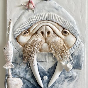 Fisherman Walrus Bas Relief Art: 3D Plaster Canvas (16x20 inch)