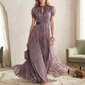 modest mauve bridesmaid dresses WEDTREND Women Elegant Vintage Mauve Bridesmaid Dress A-Line V-Nevk Long Sleeves Wedding Guest Dress, chiffon color / US10