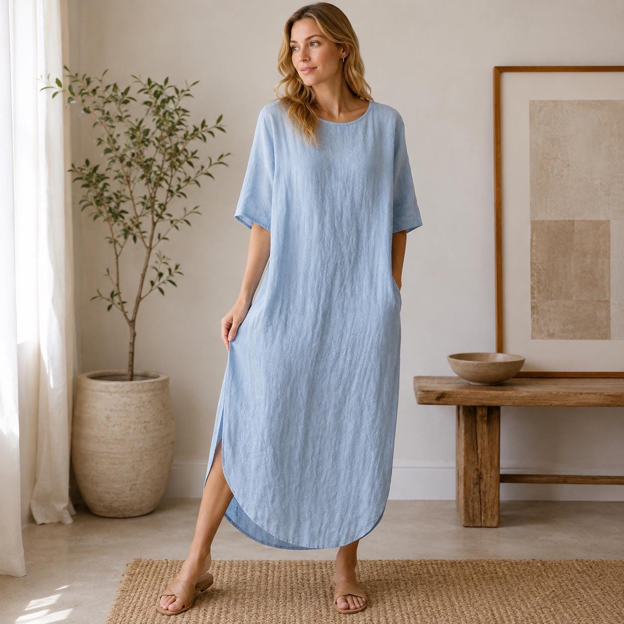 italian linen lagenlook dresses Italian Oversized Linen Lagenlook Back Buttons Solid Swing Midi Dress The Lino Lounge