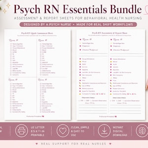 May include: Psych RN Essentials Bundle assessment and report sheets for behavioral health nursing. Includes two printable pages with assessment sheets. Designed by a psych nurse for real shift workflows. Features a pink pen and a cup of coffee.